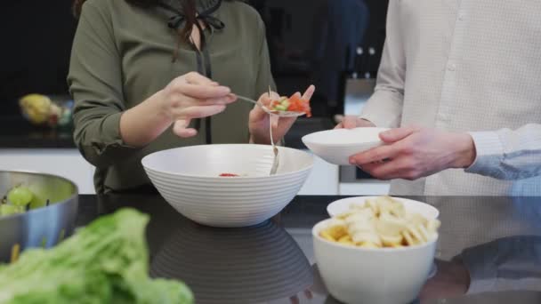 Woman Serving Salad Close — Stock Video