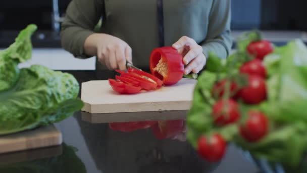 Mãos Cortando Pimentão Vermelho — Vídeo de Stock