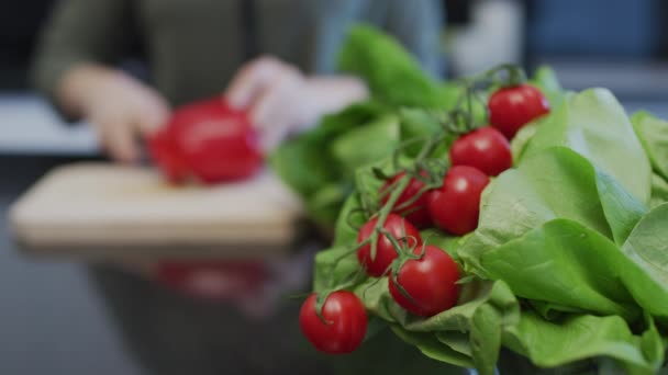 Kvinnliga Händer Skära Paprika — Stockvideo