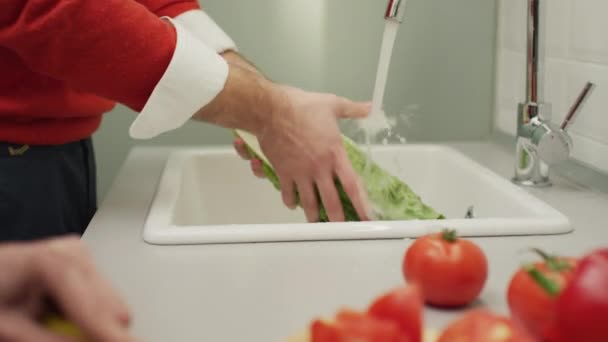 Washing Lettuce Slicing Bell Pepper — Stock Video