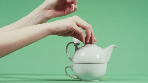 Putting Tea Bag Teapot — Stockvideo