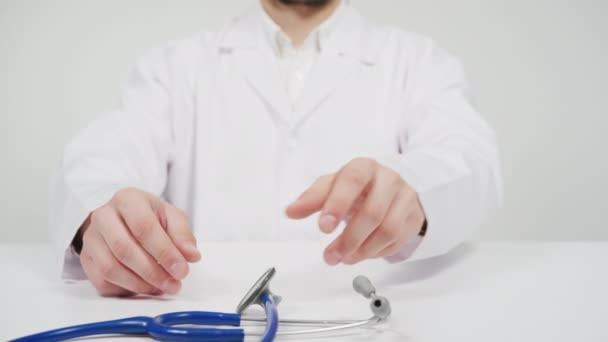 Doctor Putting Stethoscope His Neck — Vídeo de Stock