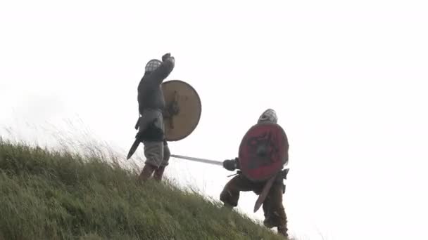 Mannen Middeleeuwse Kostuums Vechten Buiten — Stockvideo