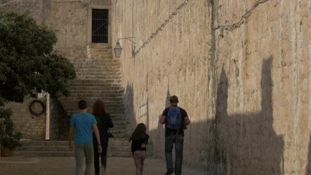 Gente Caminando Por Muro Piedra — Vídeo de stock