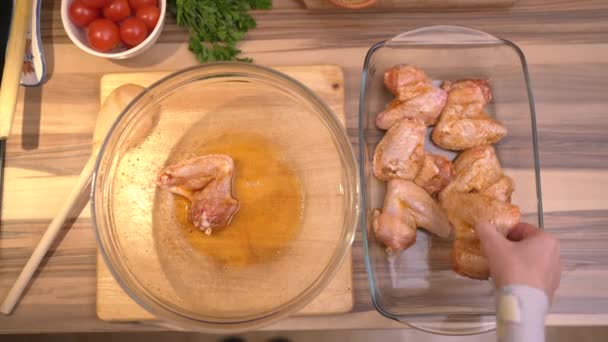 Top View Hands Arranging Chicken Legs Plate — Stock Video