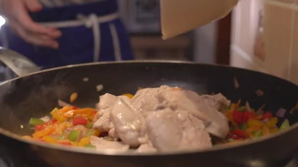 Woman Adding Meat Frying Pan — Stock Video