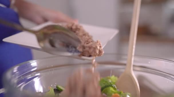 Close Woman Adding Meat Salad — Stock Video