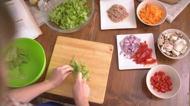 Kéz Aprítás Saláta Egy Fórumon — Stock videók