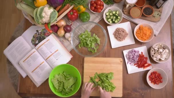 Frau Schreddert Salat Auf Küchentisch — Stockvideo