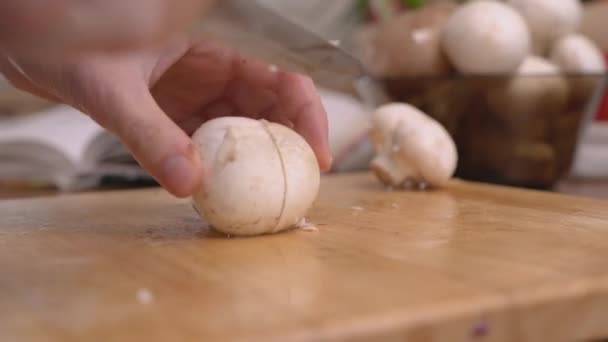 Woman Hands Cutting Mushrooms Pieces — Stock Video