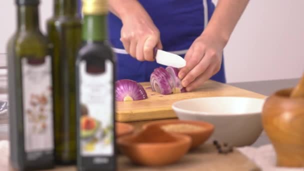 Close Woman Slicing Red Onion — Stock Video