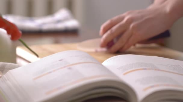 女性のクローズアップレシピ本の隣で玉ねぎをスライス — ストック動画