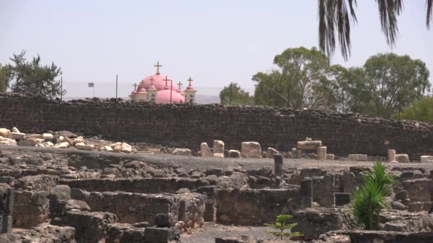 Harabeleri Kilisesi Olan Capernaum — Stok video