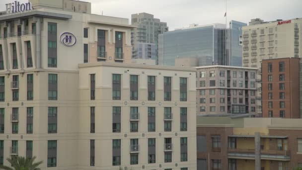 Pan Right Hilton Hotel Other Buildings — Stock Video