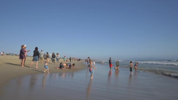 Kinderen Wachten Golven Van Oceaan Aan Kust — Stockvideo