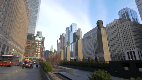 Προτομή Αγάλματα Ένα Δρόμο Στο Σικάγο Ηνωμένες Πολιτείες Της Αμερικής — Αρχείο Βίντεο