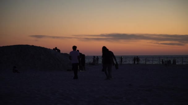 Contre Jour Personas Que Relajan Playa Atardecer — Vídeo de stock