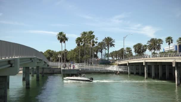 Boot Segelt Zwischen Zwei Brücken — Stockvideo