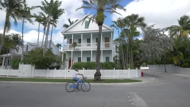 Casa Blanca Palmeras Una Esquina Calle — Vídeo de stock