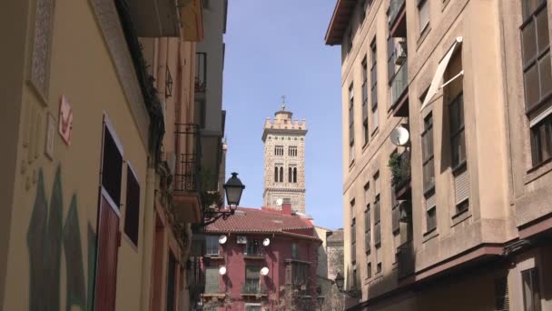 Tower Seen Old Buildings — Stockvideo