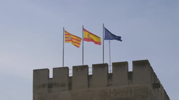 三面旗帜飘扬 西班牙萨拉戈萨 — 图库视频影像