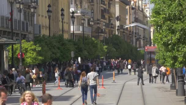 Una Calle Llena Gente Con Vías Tranvía — Vídeo de stock