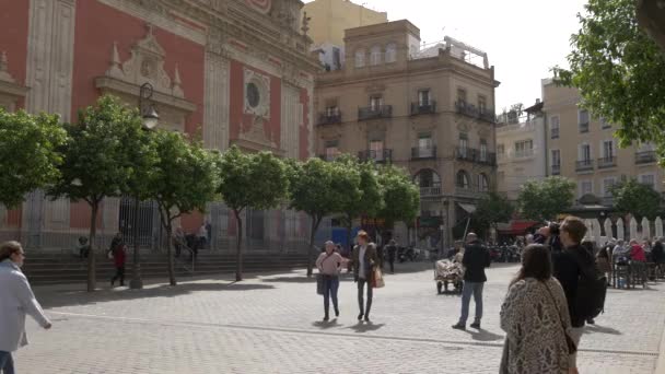 Les Gens Marchant Par Les Arbres Dans Une Place Ville — Video