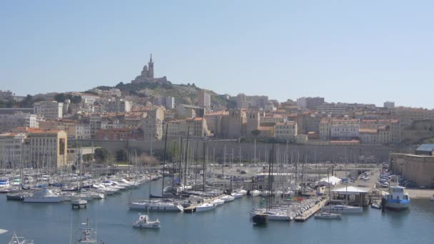 Ankrade Båtar Den Gamla Hamnen Marseille — Stockvideo
