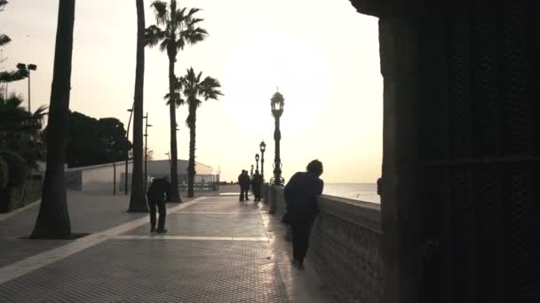 日没の遊歩道の人々 — ストック動画