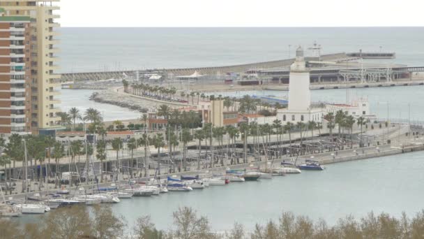 Alto Ângulo Porto Farol Málaga — Vídeo de Stock