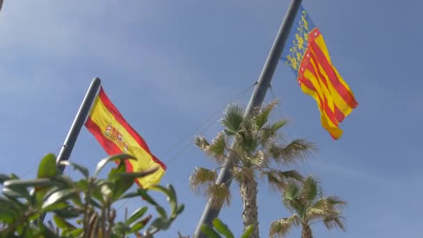 Ángulo Bajo Dos Banderas Españolas Ondeando — Vídeo de stock