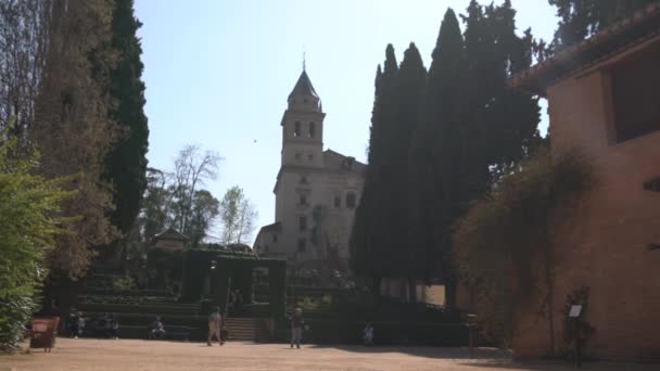 Kostelní Věž Santa Maria Vidět Zahrady — Stock video