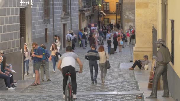 Calle Con Gente Una Estatua Humana — Vídeo de stock