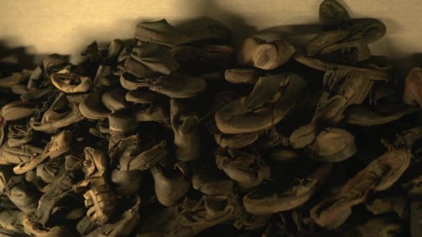 Куча Обуви Жертв Музее Освенцима — стоковое видео