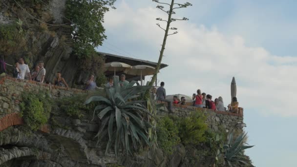 Menschen Die Die Aussicht Von Riomaggiore Bewundern — Stockvideo