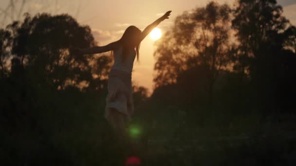 Girl Dancing Field Sunrise — Stockvideo