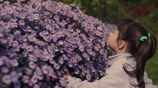 Chica Con Pelo Largo Oliendo Flores Silvestres — Vídeos de Stock