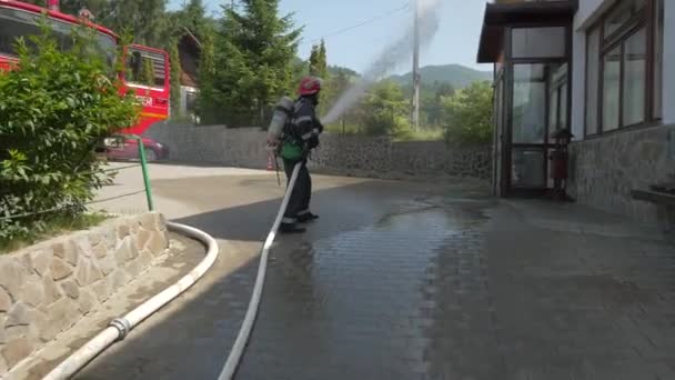 Bombero Salpicando Vegetación Vídeo — Vídeos de Stock