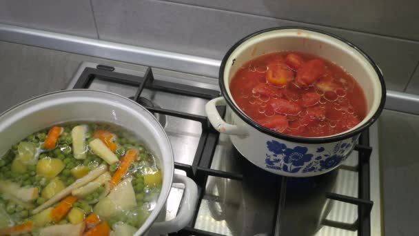 Panelas Cozinha Com Sopa Fogão — Vídeo de Stock