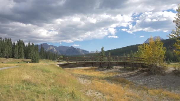 Pan Rechts Van Een Houten Voetgangersbrug Banff National Park — Stockvideo