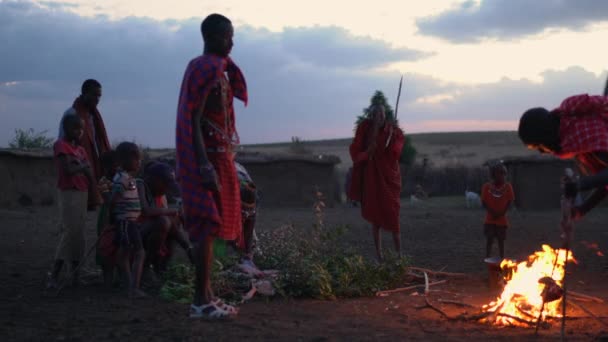 Hombres Masai Cocinando Carne — Vídeos de Stock