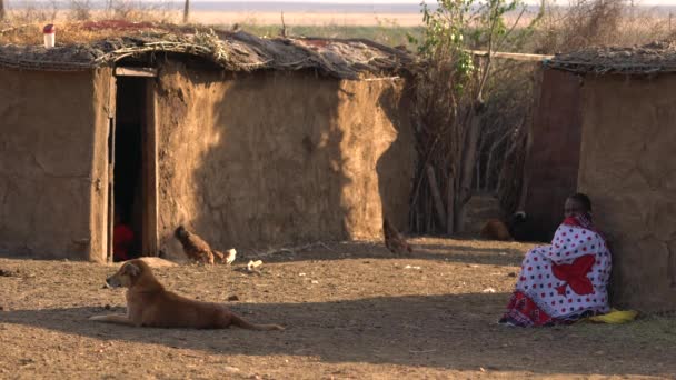 Massai Frau Sitzt Neben Einem Haus — Stockvideo