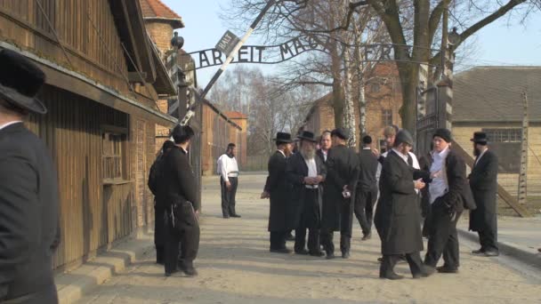 Skupina Židů Brány Arbeit Macht Frei — Stock video