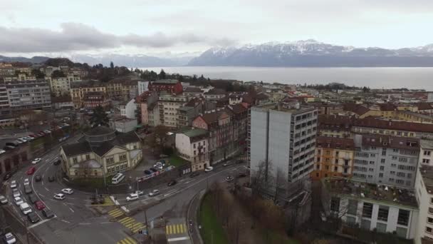 Luchtfoto Van Lausanne Bij Het Meer Van Genève — Stockvideo