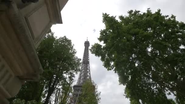 Niski Kąt Wieży Eiffla Widziany Przez Drzewa — Wideo stockowe