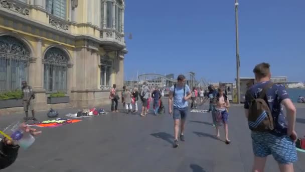 Séta Eladás Szuvenírek Kikötőben Barcelona — Stock videók