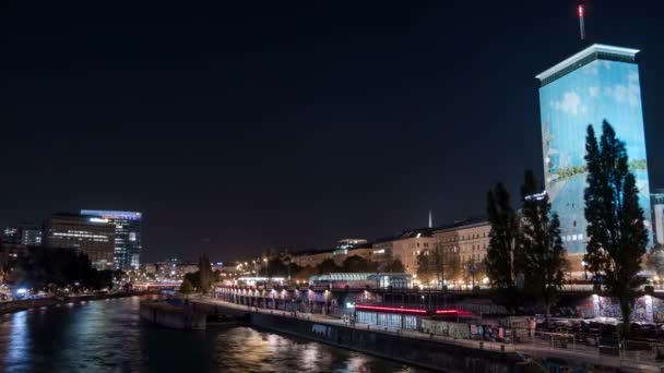 Timelapse Danube Canal Ringturm Night — Stock Video