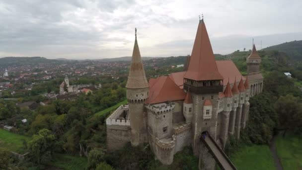 Aerial View Medieval Corvin Castle — Stock Video