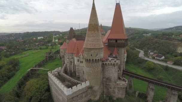 Aerial View Corvin Castle — Stock Video