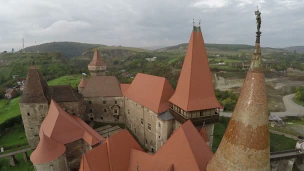 Aerial View Corvin Castle Rooftops Towers — Stock Video